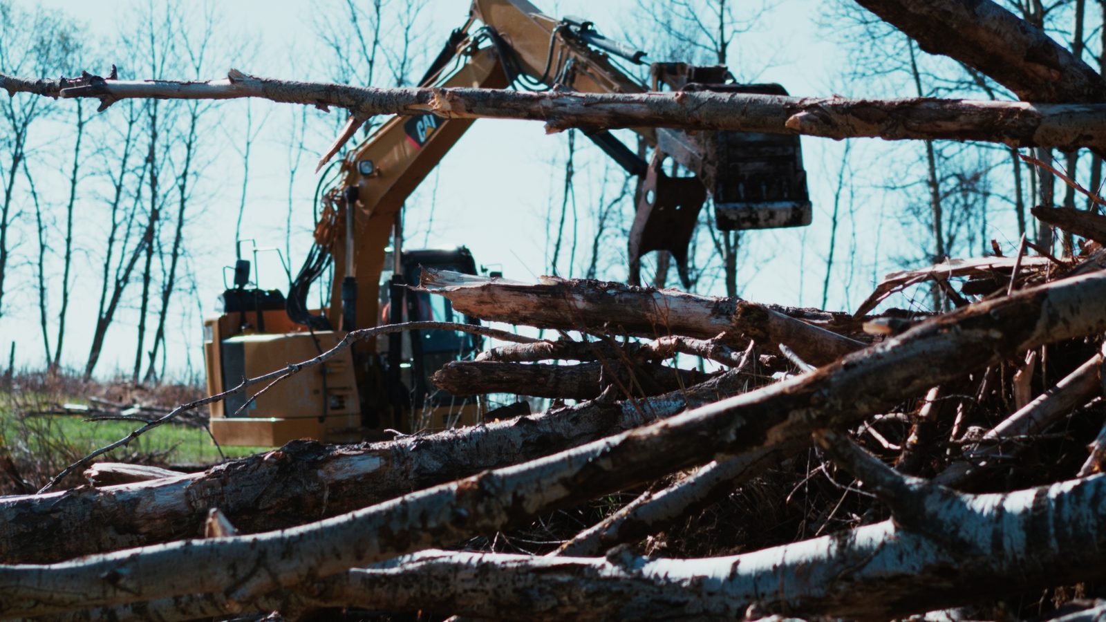 Amped Up Contracting excavator with grapple attachment clearing land near Red Deer, Alberta